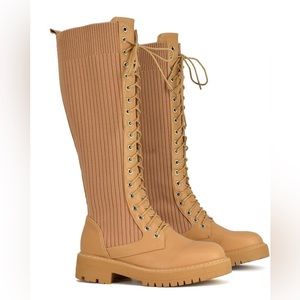 Womens Knee High Boots Ladies Flat Lace Up Stretch Sock Combat Biker Long Boots